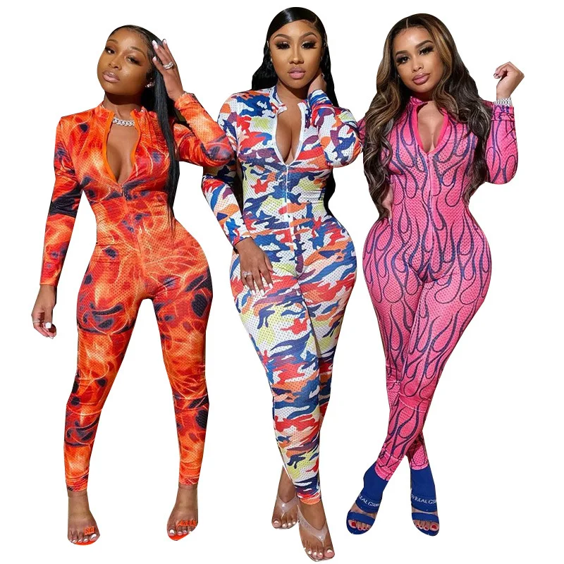 

TK6057 New style comfortable onesie pajama sexy jumpsuit womens rompers deep v-neck print camouflage color long sleeve