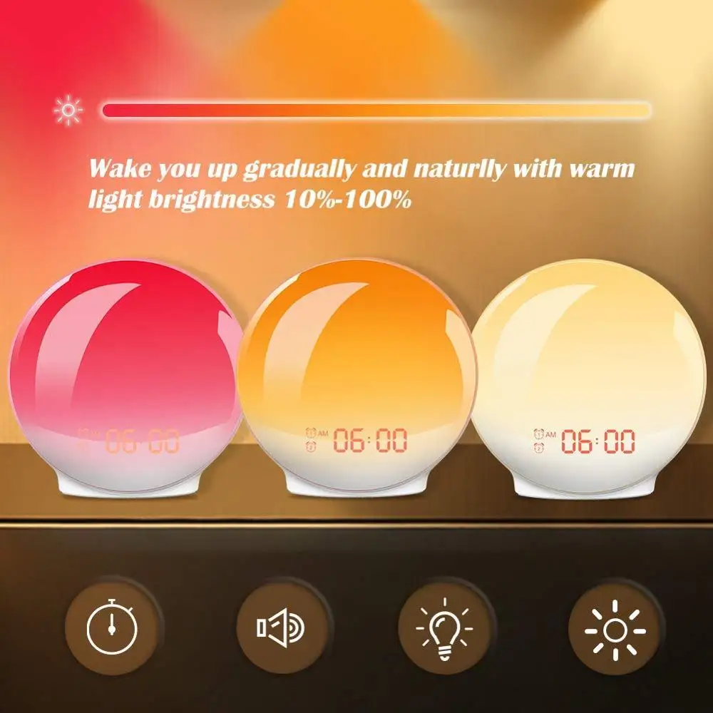 
Hot selling Wake Up Light Alarm Clock with Sunrise Sunset Simulation Dual Alarms Snooze Radio 7 Natural Sound USB Charging port 