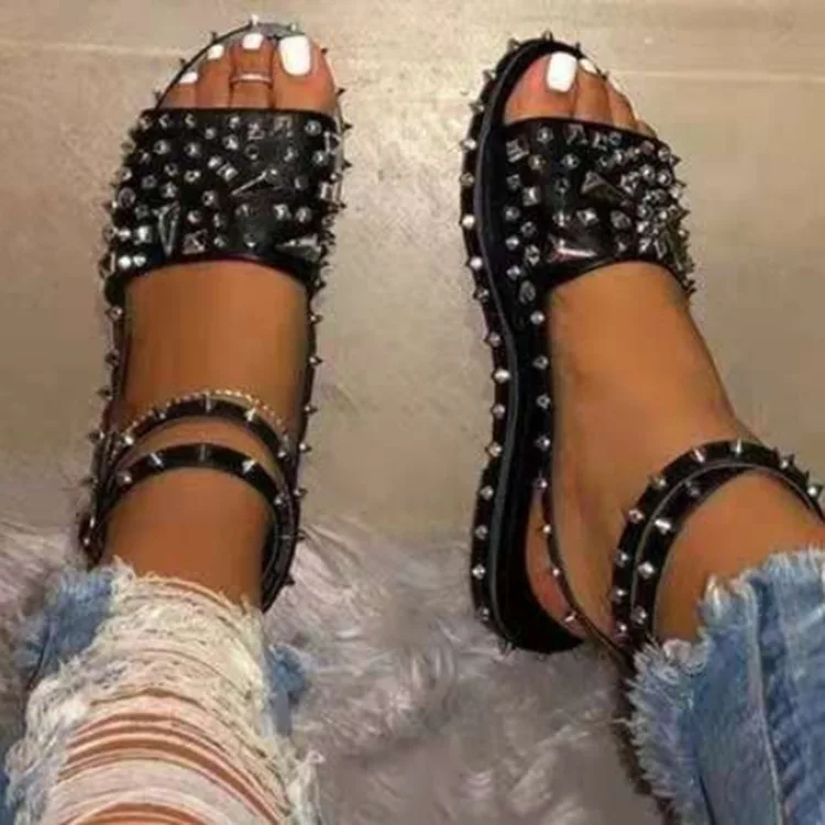 

women new style transparent plus size buckle sandals with rivets high fashion sandals plat form strappy casual flat sandals, 7 colors