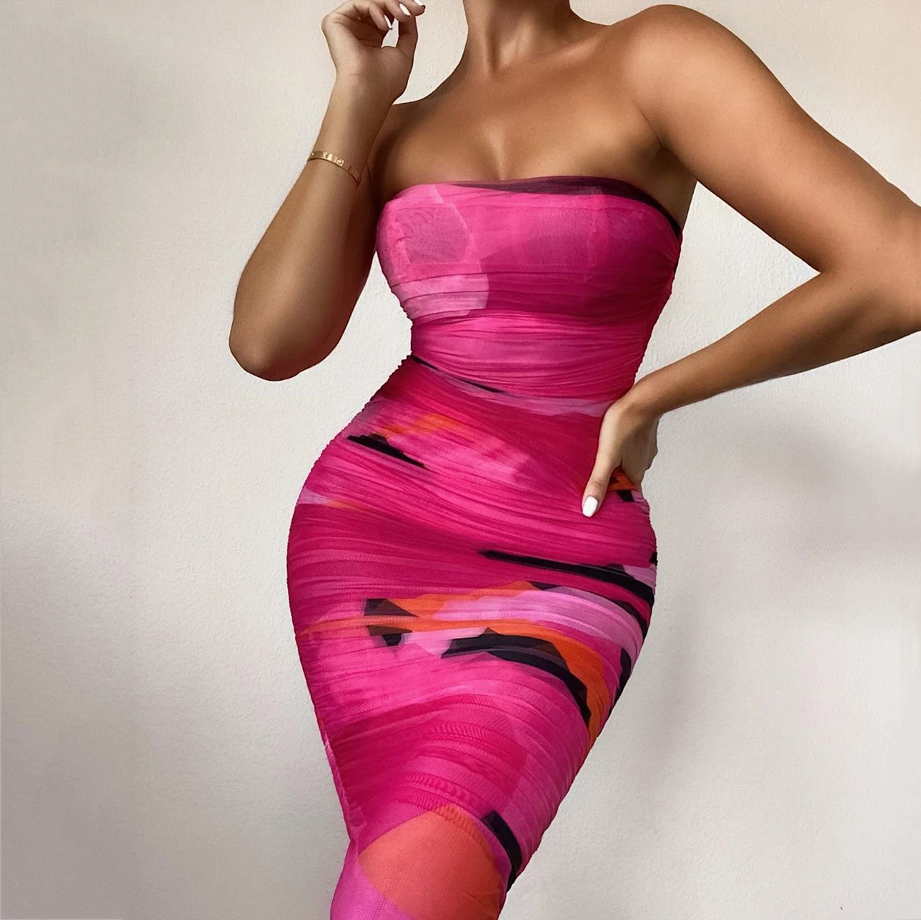 

Casual Strapless Sleeveless Backless Ruched Mesh Summer Autumn Printed Party Clothing Sexy Midi Dress Bodycon Vestido For Women
