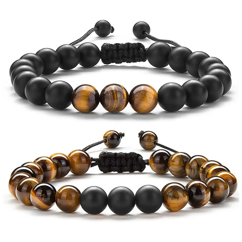 

Renting Jewelry Natural Stone Matte Onyx Tiger Eye Braided Friensship Beaded Adjustable Macrame Bracelet Men