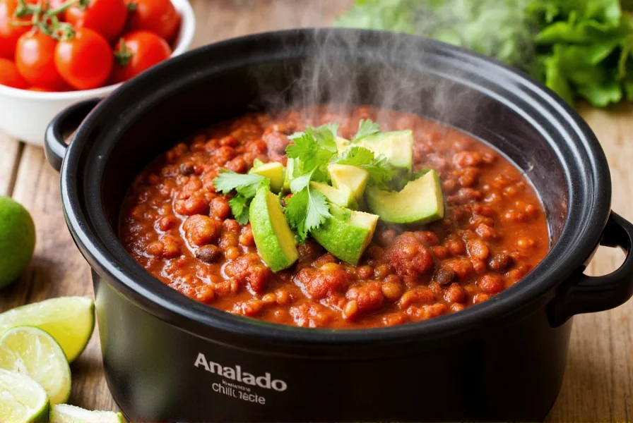 Slow cooker filled with rich red chili, steam rising, surrounded by fresh toppings like avocado, cilantro, and lime wedges