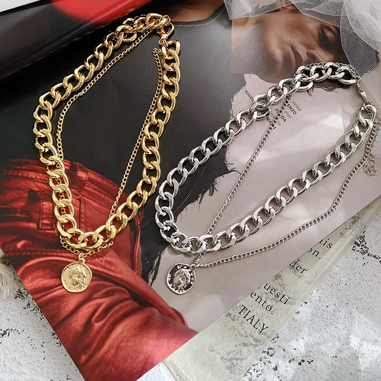 

Vintage Multi-layer Coin Chain Choker Necklace For Women Gold Silver Color Fashion Portrait Chunky Chain Necklaces(KNK5302), Silver, gold