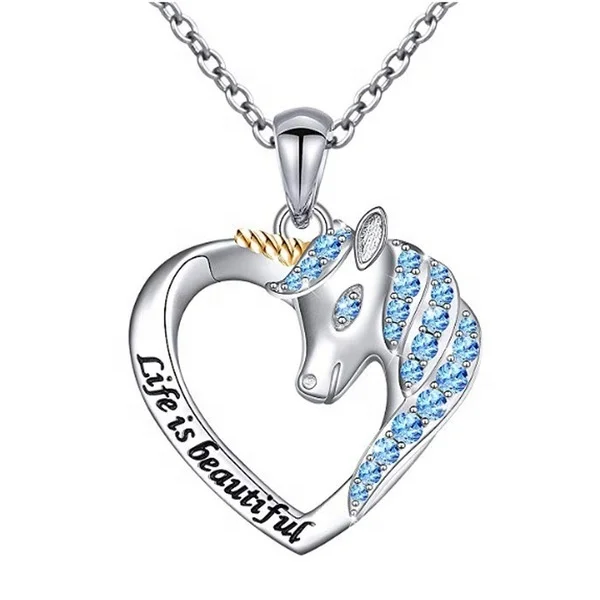 

Unicorn heart zircon two-tone Pendant Necklaces For Women Blue Crystal Zircon Love Heart Necklace Female, Picture