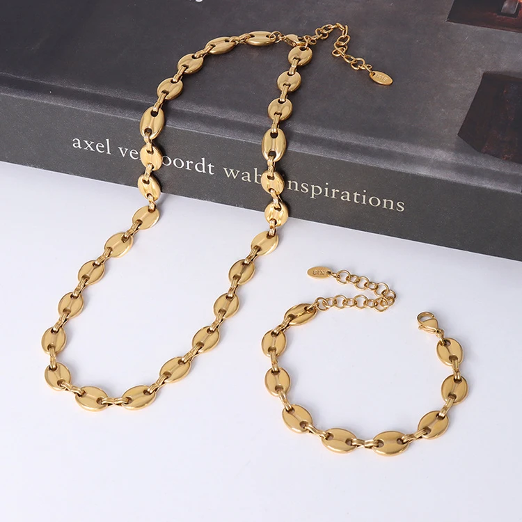 

Quality design Minimalist Pig nose spliced coffee bean chain link Titanium stainless steel 18K gold necklace bracelet set, Optional as picture,or customized