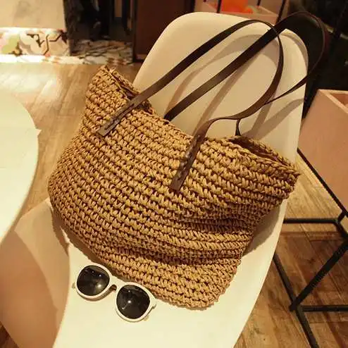 

Big Beige Paper Tote bag Summer Shoulder for Travelling Straw Basket Beach Bag straw bags wholesale, Customizable