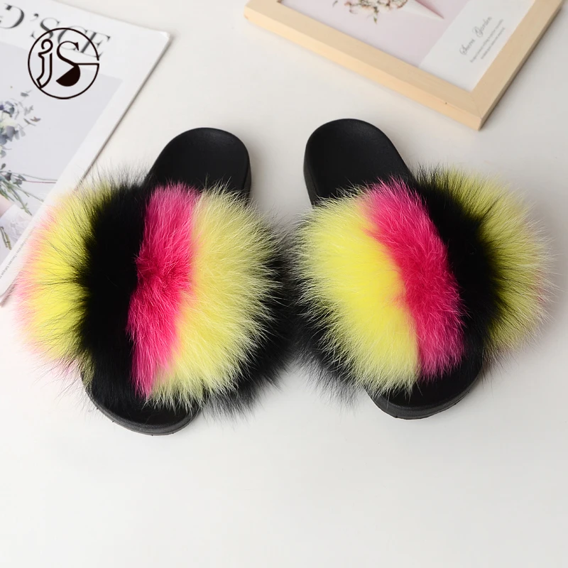 

Fluffy fashion lady slides High-end genuine real fox fur slippers Comfort slippers with flat bottom colorful fur slides, Picture