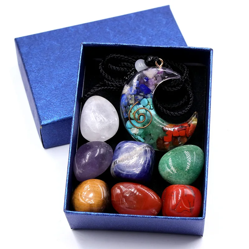 

7 Chakra Tumbled Stone Mix Combination Set Natural Crystal Healing Energy Orgonite Gravel Resin Moon Pendant Necklace