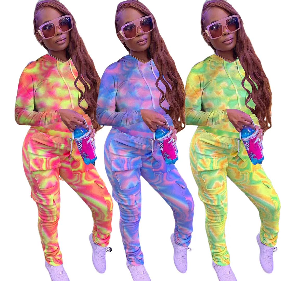 

Wholesale Stacked Fall Women Clothing Jogger Pants And Hoodies Piece Long Outfits Print Jogger Set 2 Piece Set