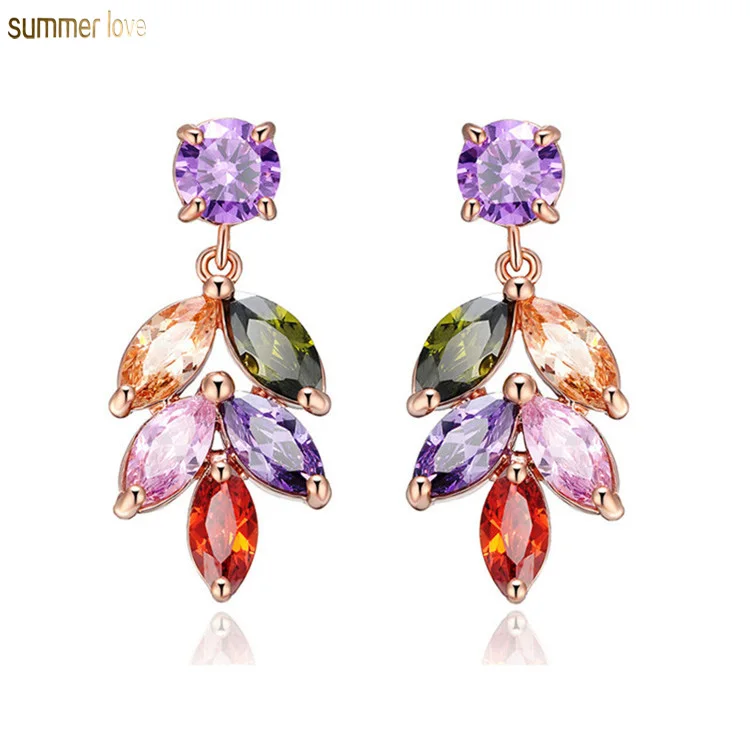 

CZ Bridal Bridesmaid Women Gold Plated Cluster Floral Leaf Crystal Cubic Zirconia Wedding Earrings