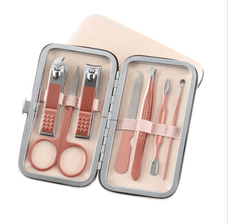 

Amazon hot sell 7 in 1 Women Professional Rose gold Pedicure nail clipper manicure set with Grooming Travel Leather