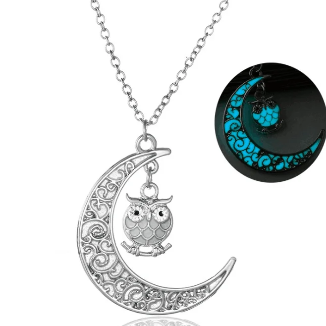 

Vintage Glow In The Dark Moon Necklace Jewelry Silver Color Owl Shaped Pendant Necklace For Gift