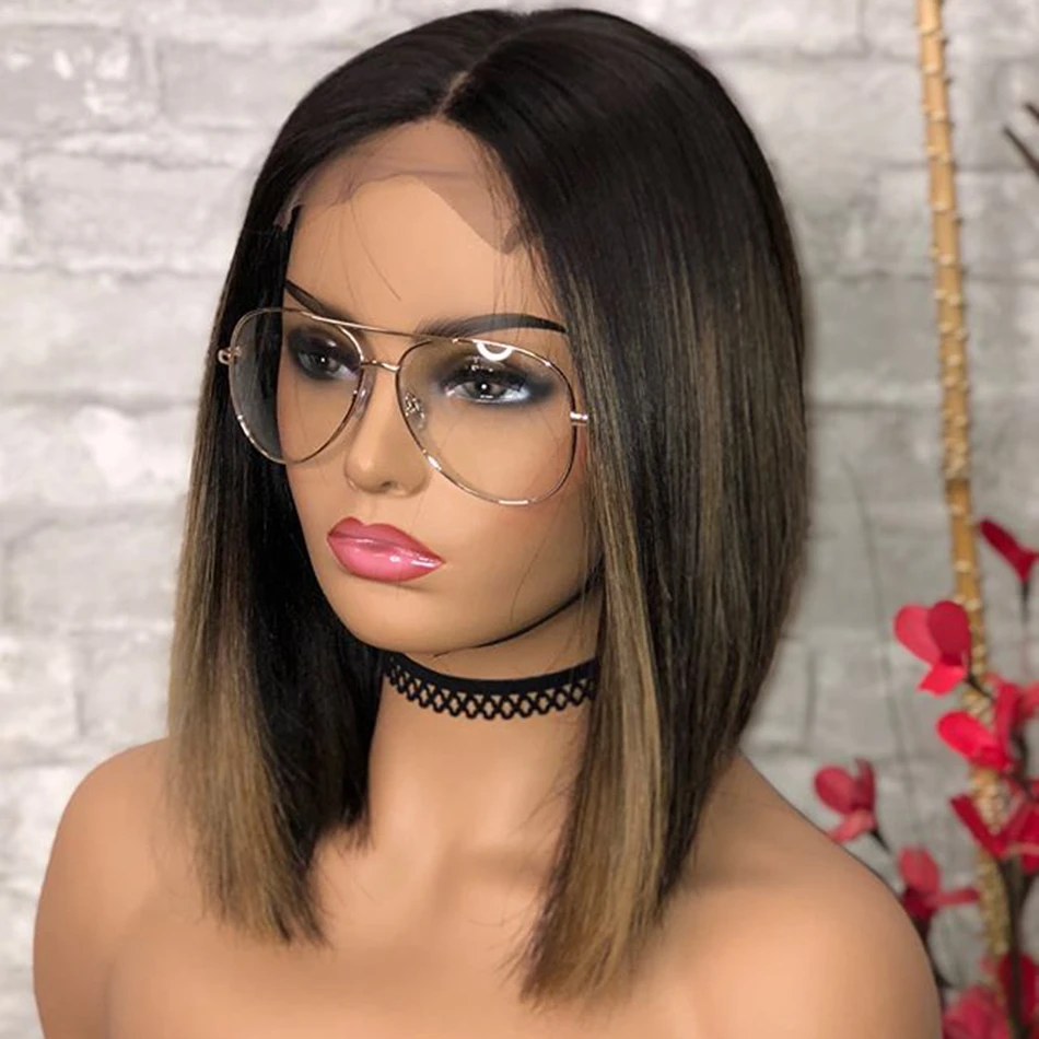 

Short Bob Highlights Blonde Lace Front Human Hair Wigs with Baby Hair Straight Glueless Brown 13x4 Lace Front Wig 180 Density, Natrual color wig
