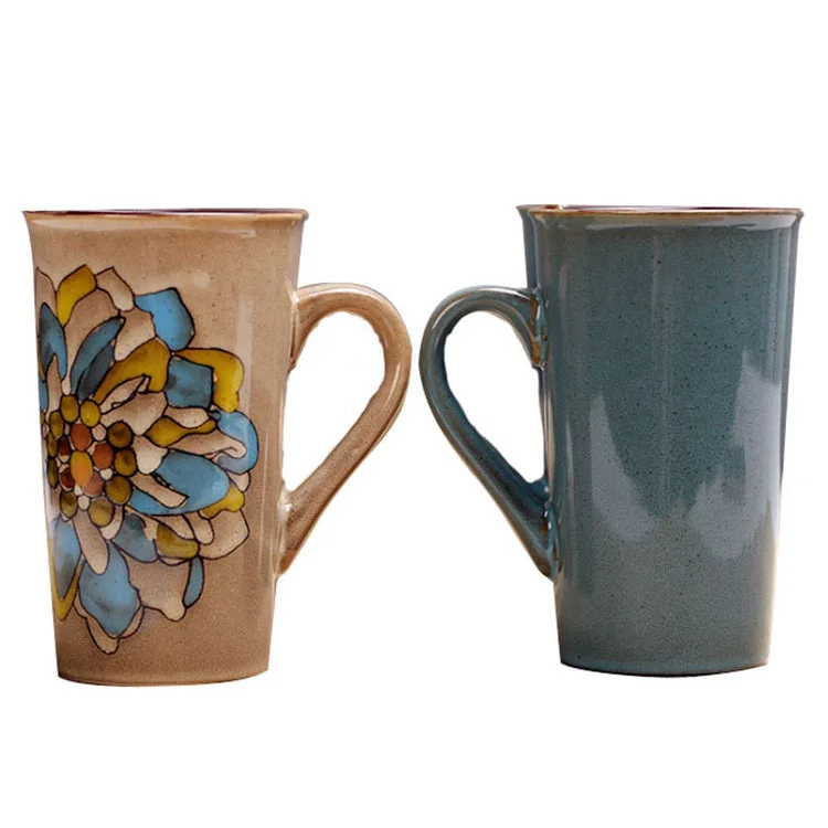 

Flower pattern vintage style ceramic coffee mug, Blue,brown