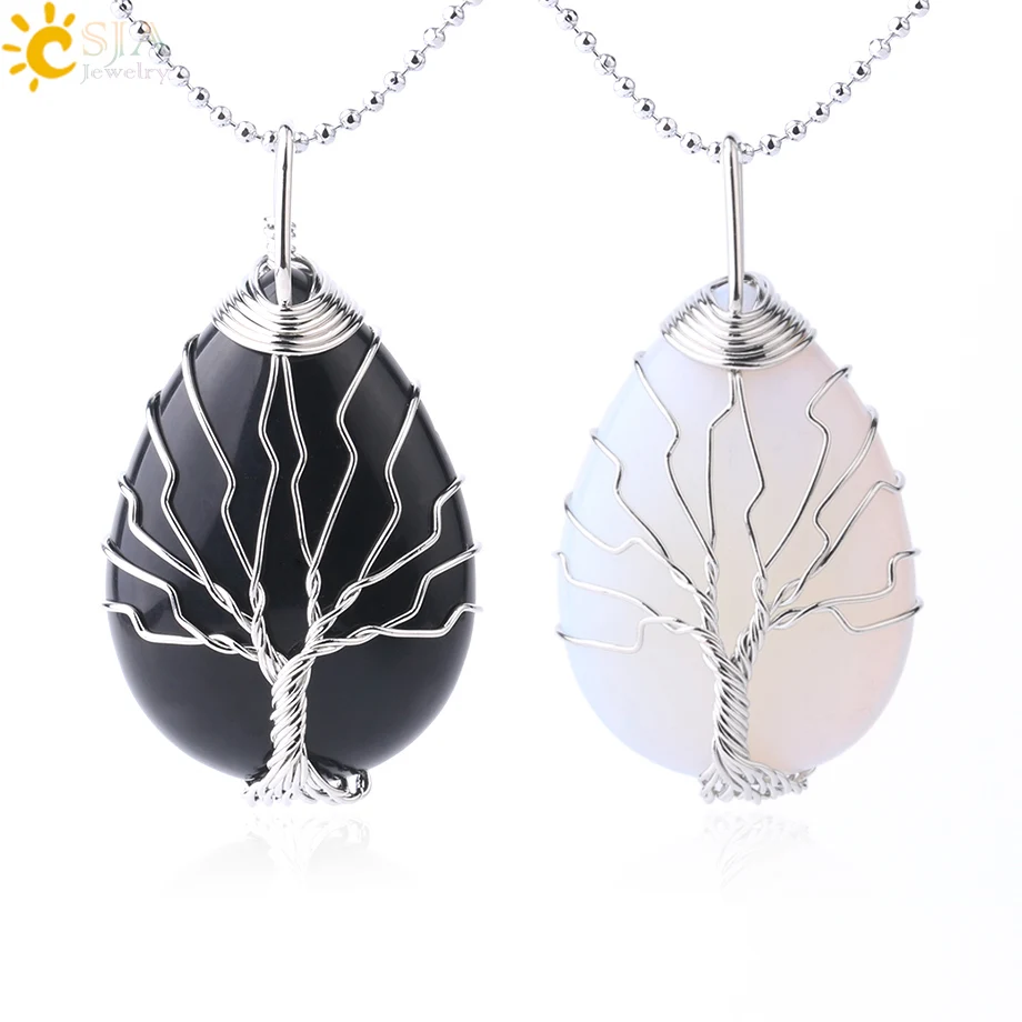 

CSJA reiki tree of life pendant charms silver color wire wrap natural teardrop crystal gem stone pendant necklace for women F765