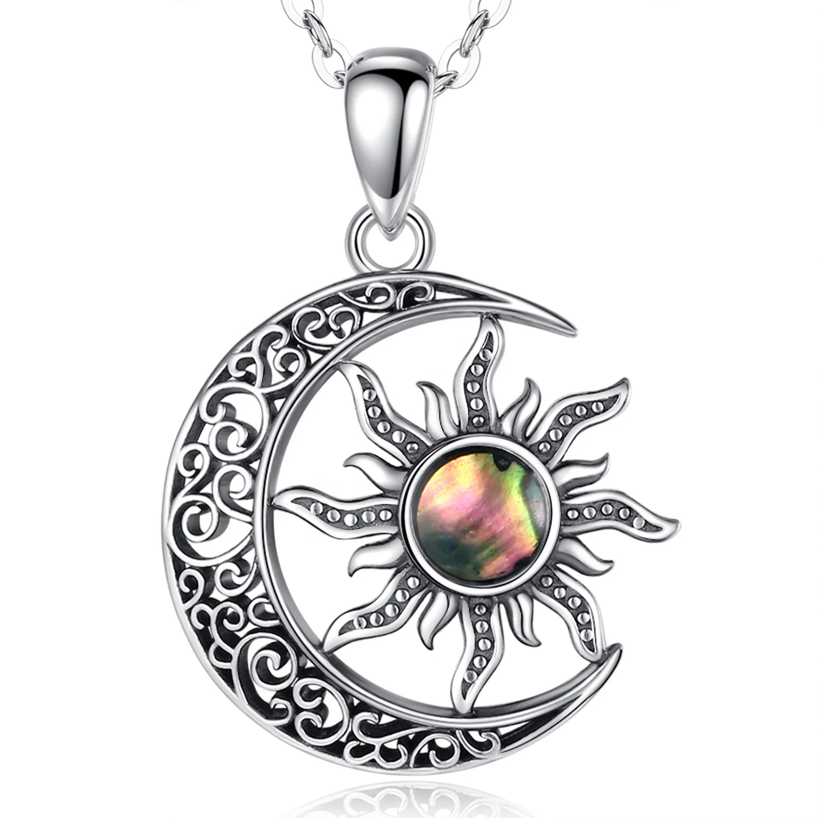 

Isunni S925 Sterling Silver Colorful Mother of Pearl Sun Crescent Moon Pendant Necklace