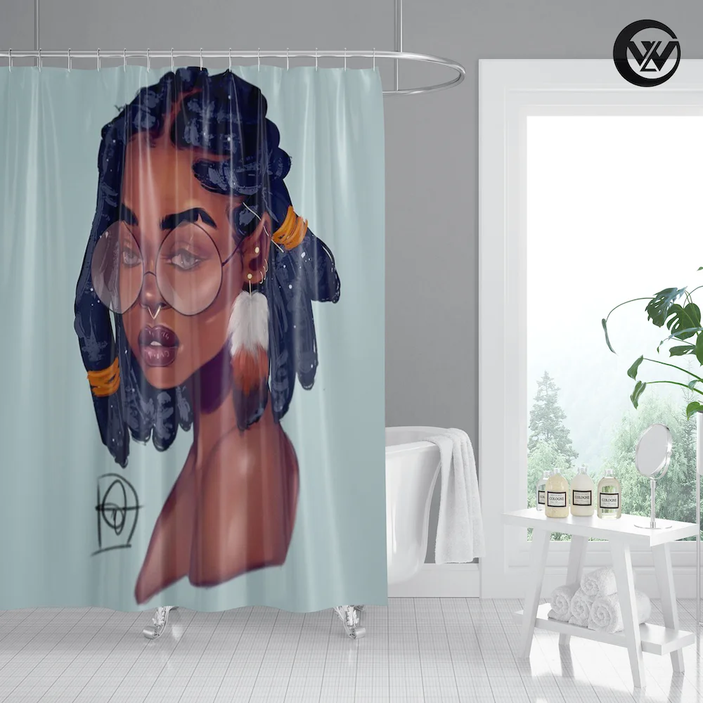 

Wholesale 3D Polyester Black Girl Hotel Bath Shower Curtain Liner, Washable Printed Polyester Afro Bathroom Curtains/, Accept customized color