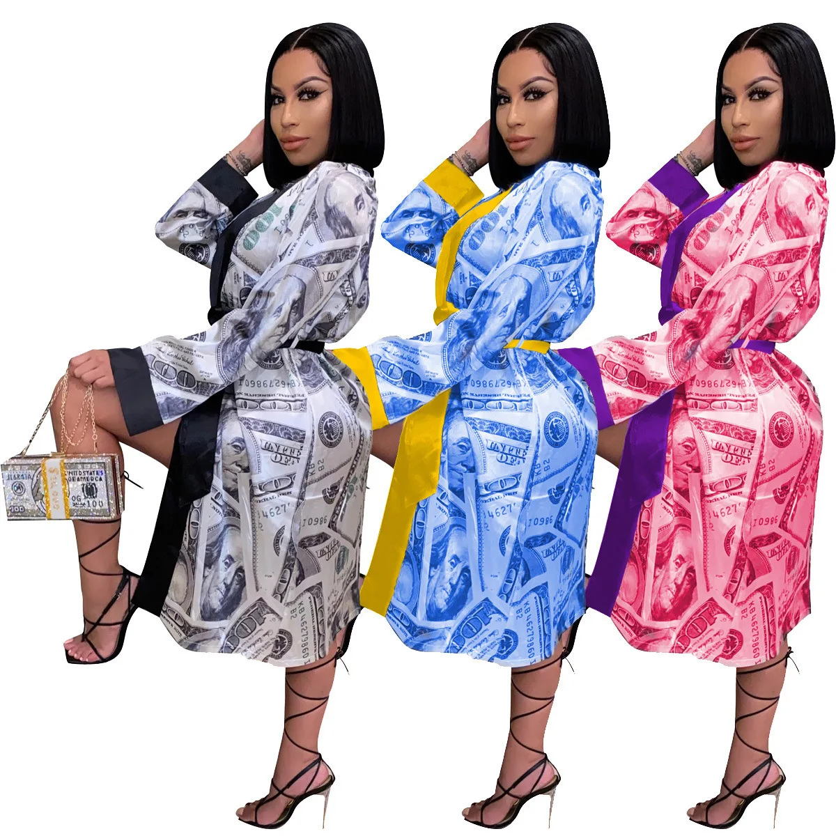 

Printed Women's Pajama Bath Robe Long Sleeve Ladies Dressing Gowns Money Robes For Sexy Femmes, Customized color