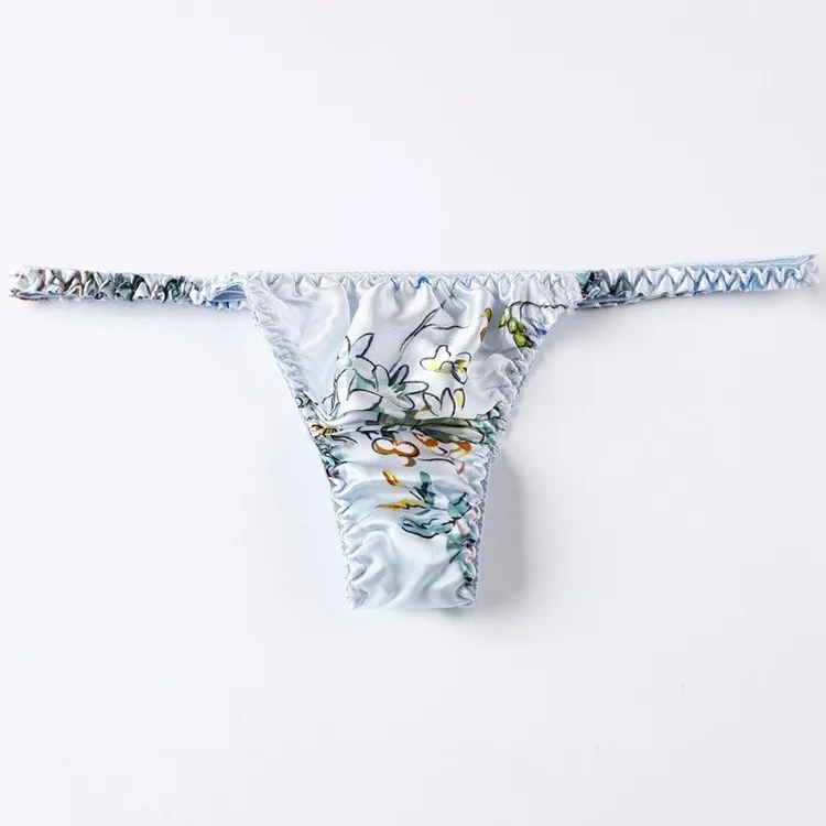 

High Quality Women 100% Silk floral printing Lady Underwear Panties girls Triangle Bikini T Back G String Thong