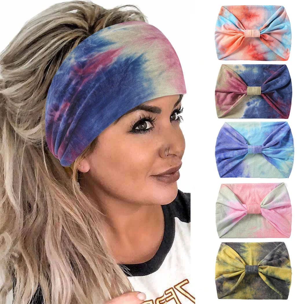

Boho Tie Dye Turban Head Wraps Sport Yoga Twist Elastic Extra Wide Knot Cotton Headband For Women