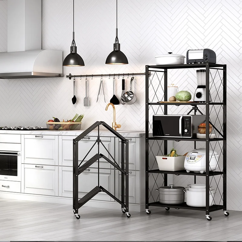 

3-Tier Movable Organizer Cheap Home Kitchen Microwave Shelf Folding Storage Rack Utility Rolling Kitchen Trolley Cart, White, black, or custom as your needs