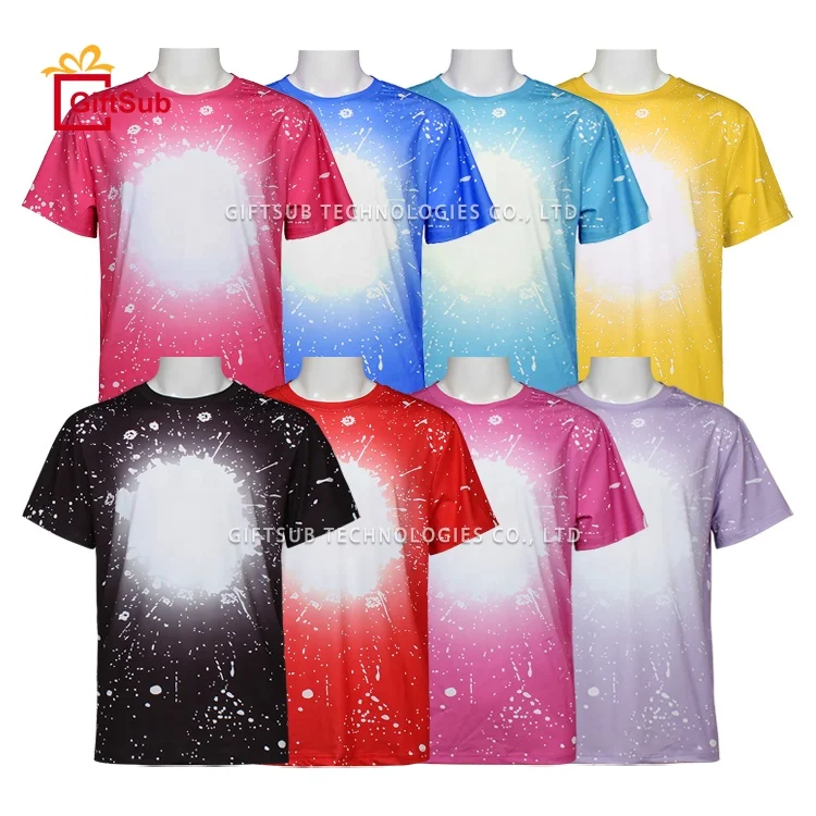 

High Quality Sublimation Blanks Plus Size Bleached Printed Tee Shirts Polyester Cotton Feel Faux Bleach T Shirts, 21 colors available
