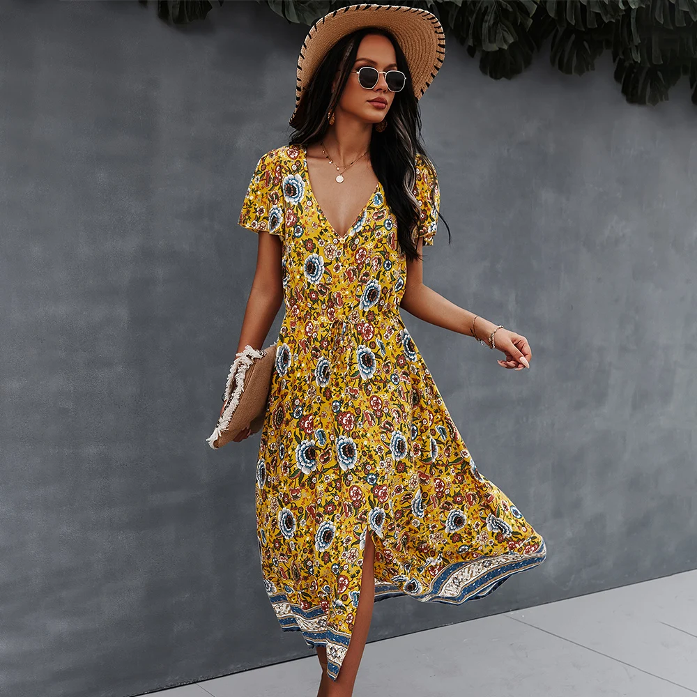 

2021 casual fashion stylish sexy short sleeve beach trendy girls women ladies spring bodycon summer v neck long dress shirts, Picture color