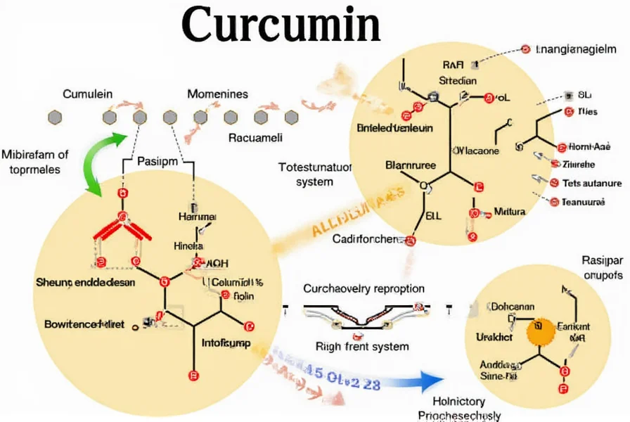 Illustration showing molecular structure of curcumin with highlighted pathways affecting male physiology including prostate, testosterone, and cardiovascular systems