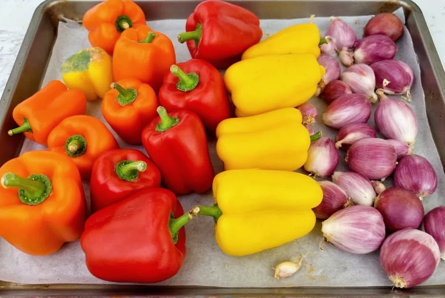 Colorful bell peppers, red onions, and garlic cloves arranged on a baking sheet ready for roasting in oven