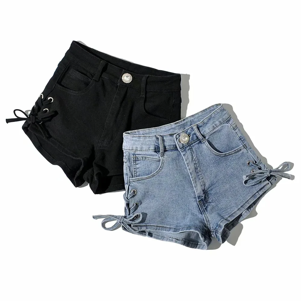 

S1198 Jean Shorts 2021 Women Fashion Bandage Sexy High Waist Denim Hot Shorts, Black/blue