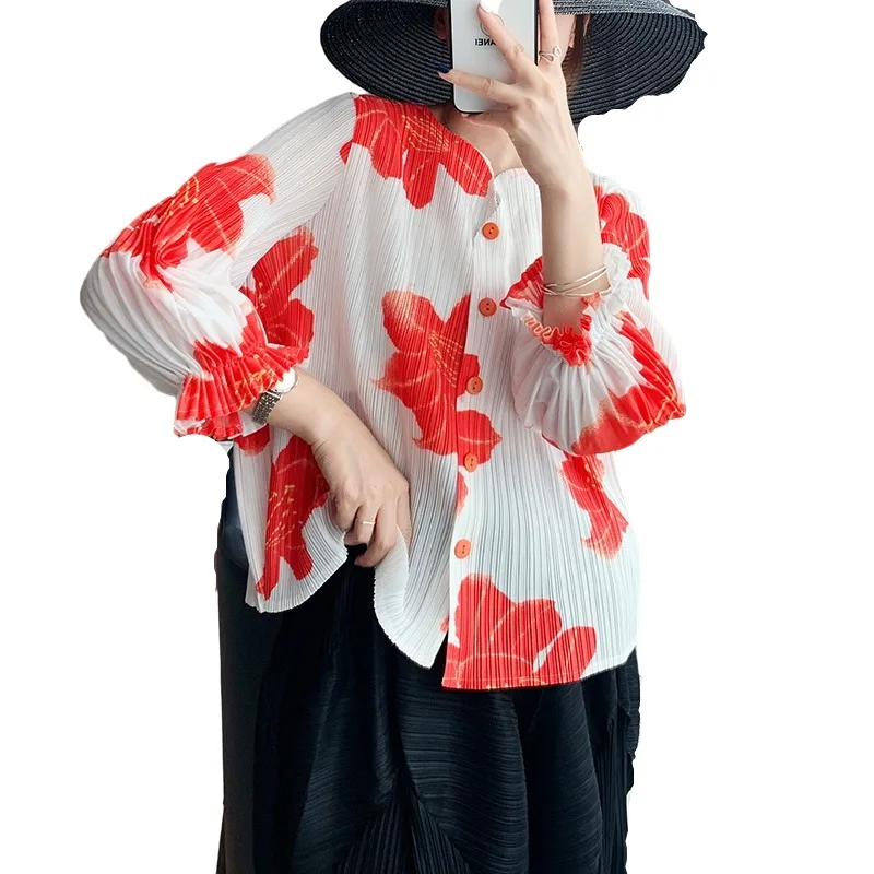 

2021 spring & summer new Miyake pleated print jacket short cardigan sweet femininity flared Sleeve sunscreen shirt