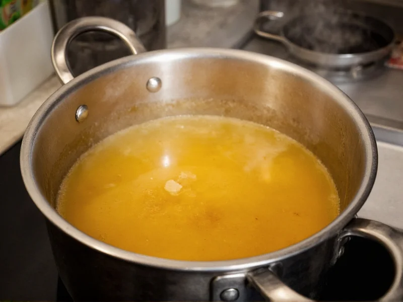 Golden chicken broth simmering in stainless steel pot