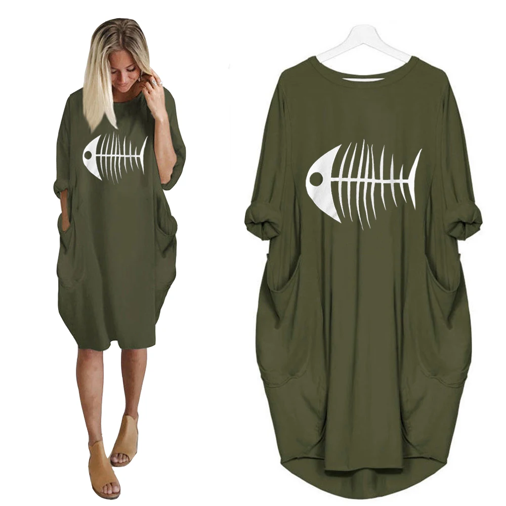 

Womens Summer Short Sleeve Fish Printed Sweatshirt Beach Dress Ruffle Oversized Casual Midi Loose T shirt Dresses with Pockets