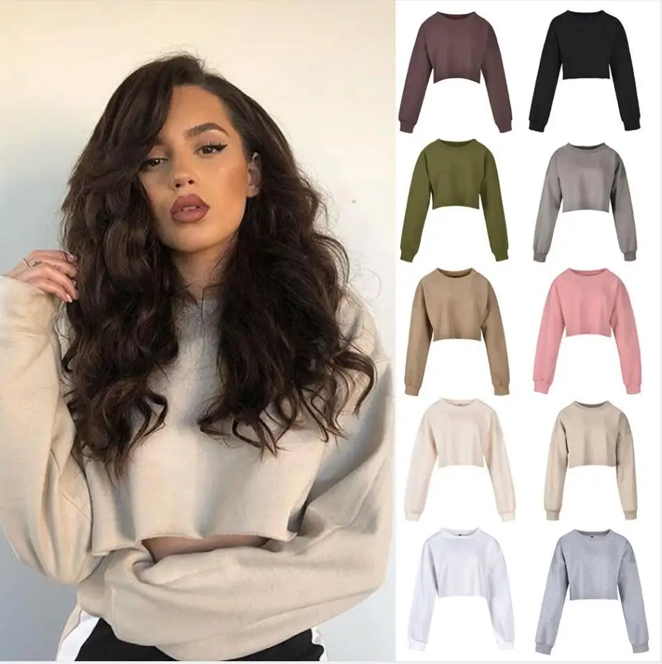 

Wholesale Plain Women Crew Neck Pullover Cropped Hoodies Sweatshirts hoodie woman