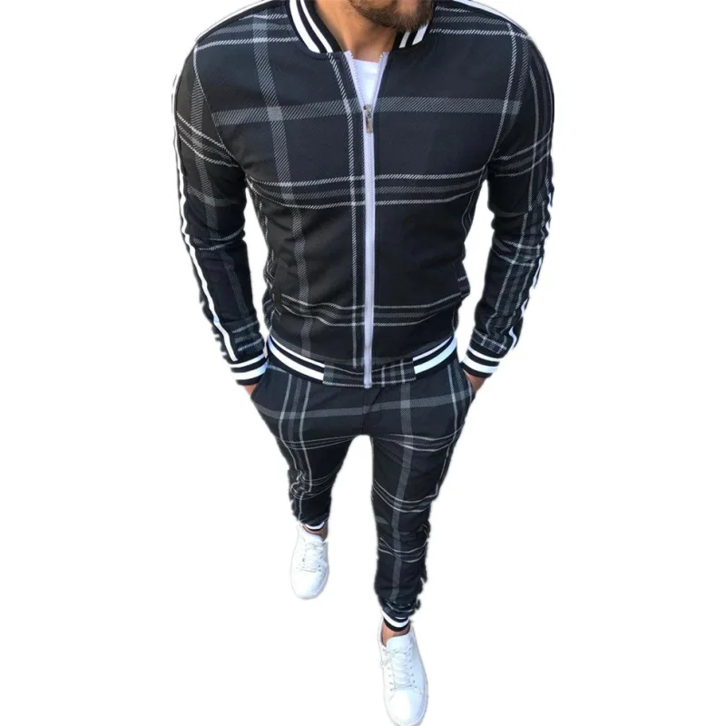 

New style Gentlemen sport casual striped plaid two pieces suit men's zip-up loose jacket trousers Tracksuit 2021 plus size