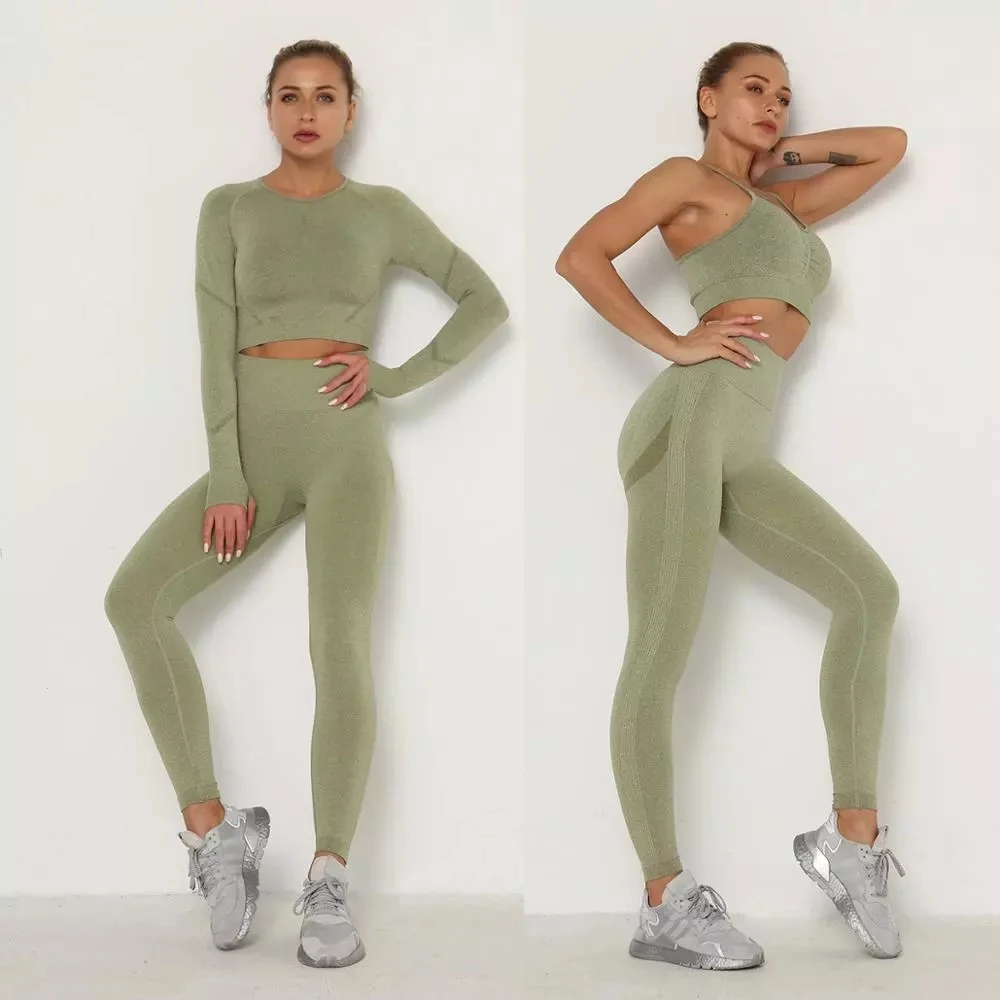 

Womans seamless active wear yoga long sleeve crop tops sports bra full bottom leggings sets 2021, Printed