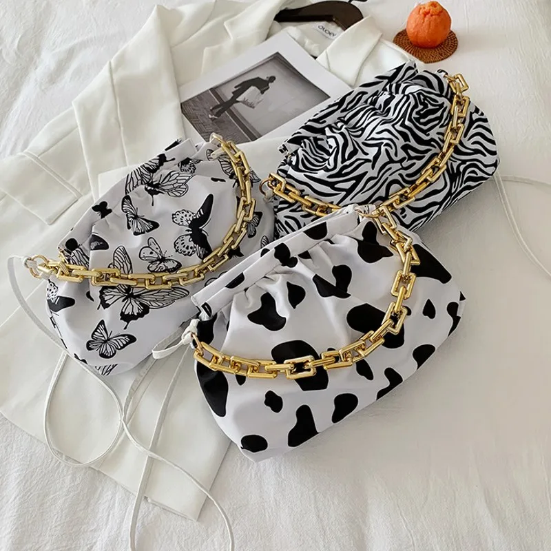

Summer Designer Chain Folds Design Clutch Pu Shoulder Handbags And Purses Cow Zebra Pattern Crossbody Bag for Female, Picture