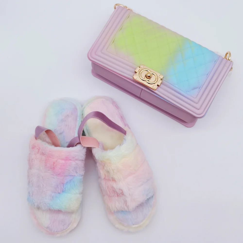 

Jelly handbags women slipper bag set with colorful Fall fur sandal, Customizable