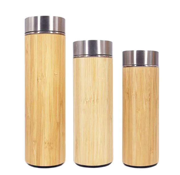 

China Factory Thermos Wood Bamboo Insulated Stainless Steel Vacuum Water Bottle, Bamboo color as image