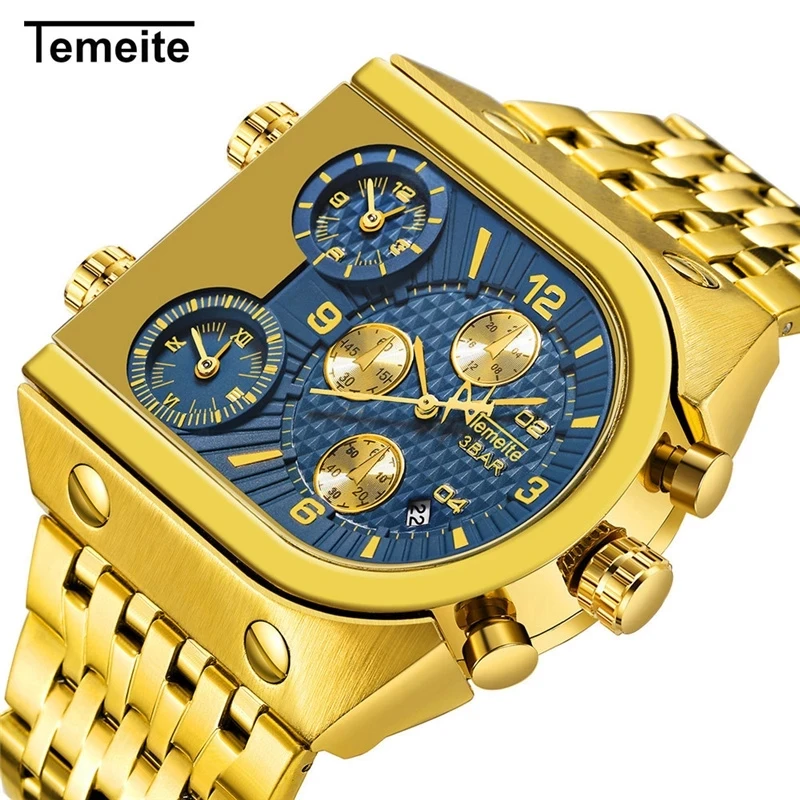 

TEMEITE Fantasy Design Gold Watches Men Luxury Brand Male Stainless Steel Waterproof Watch Male Multiple Time Zone Quartz Watch