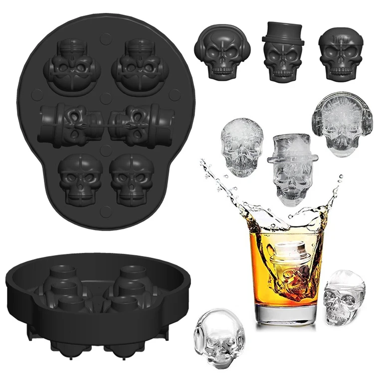 

Halloween gift silicone 3D skulls ice cube mold for wine glass cup,6 cavities with 3 different designs skulls silicone mold&lid, Stock colors/pantone colors