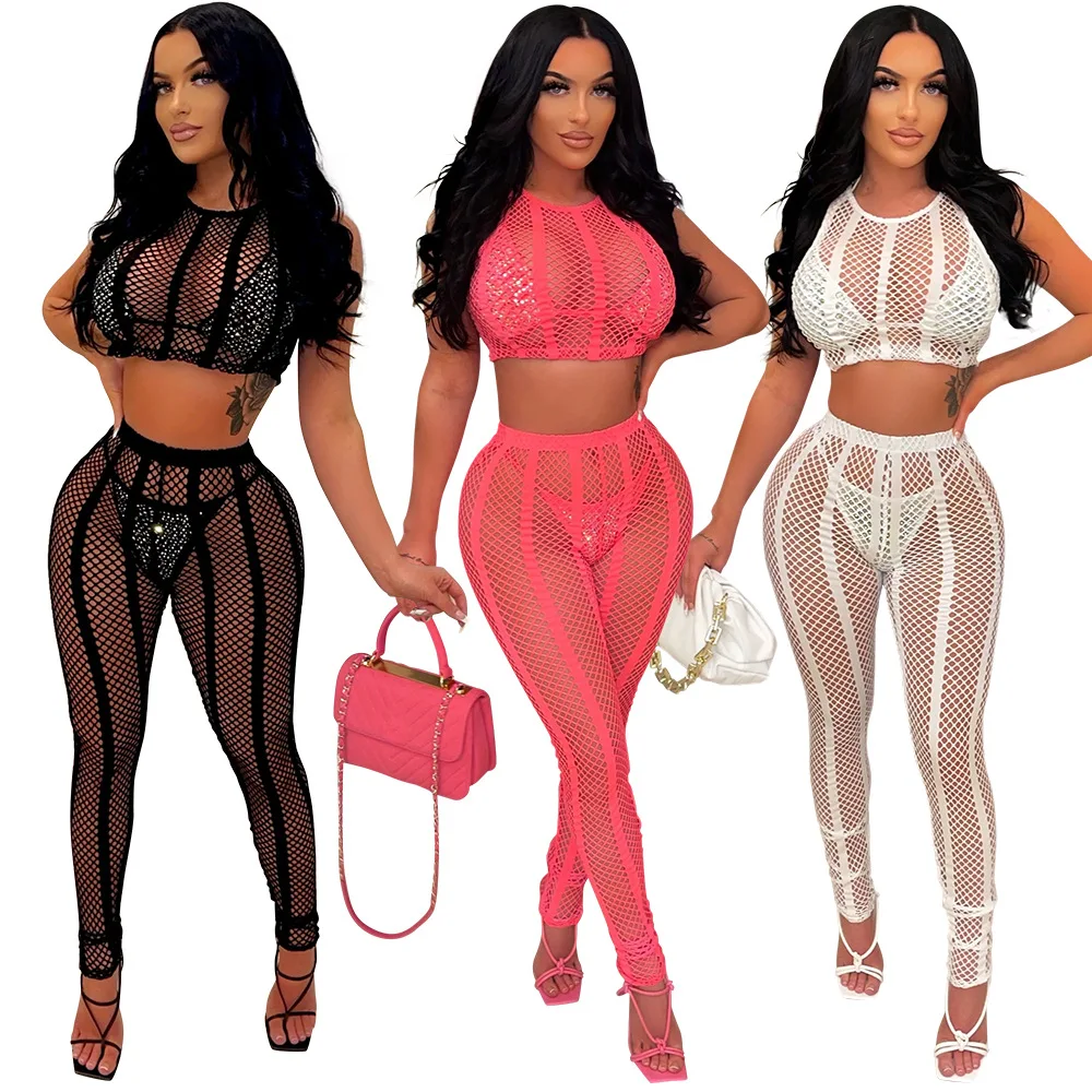 

CS37 See Through Mesh Blue Beachwear And Swimsuits Women Clothing High Waist Swim Wear Halter 4 Piece Bikini Cover Up Pants Set