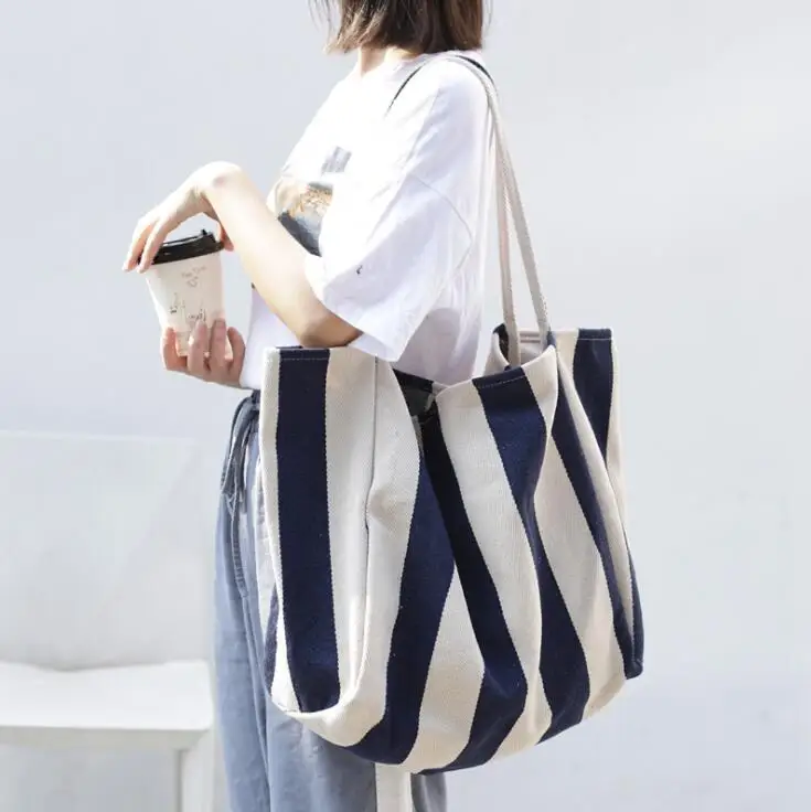 

Fashion Extra Large Capacity Striped Print Cotton Canvas Beach Tote Bag Canvas Handbags, Customized
