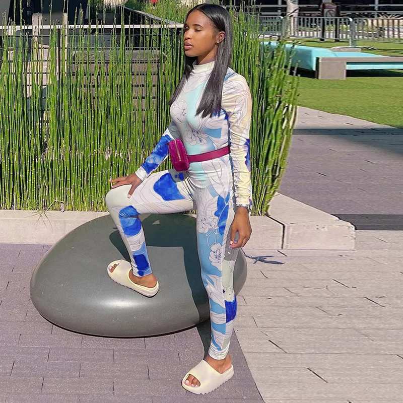 

Flower Print O Neck Long Sleeve Bodycon Jumpsuit Rompers Women 2021 Back Zipper Sports Outfits One Piece Rompers Active Wear