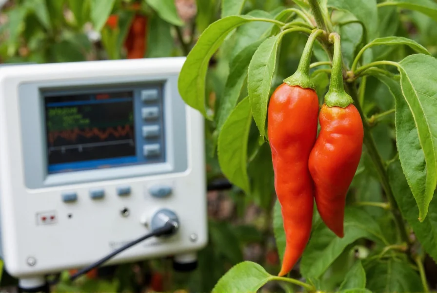 Close-up view of Dragon's Breath chili peppers growing on plant with scientific measurement equipment nearby