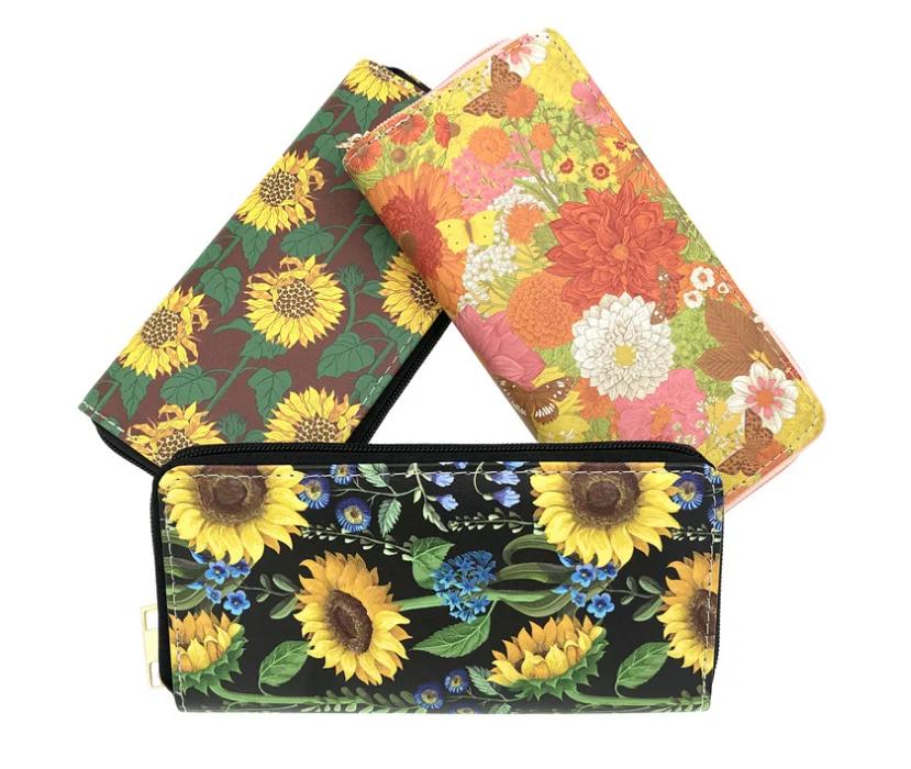 

2021 European and American flower to art sunflowers Pu Purse Lady Long Zipper bag single pull bag makeup bag