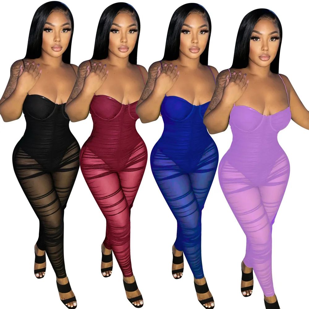 

XM-2004Summer New Sleeveless Women Mesh Jumpsuit Luxury Women See Through Bodycon Rompers Sexy Jumpsuit Women 2021 Party Dresses