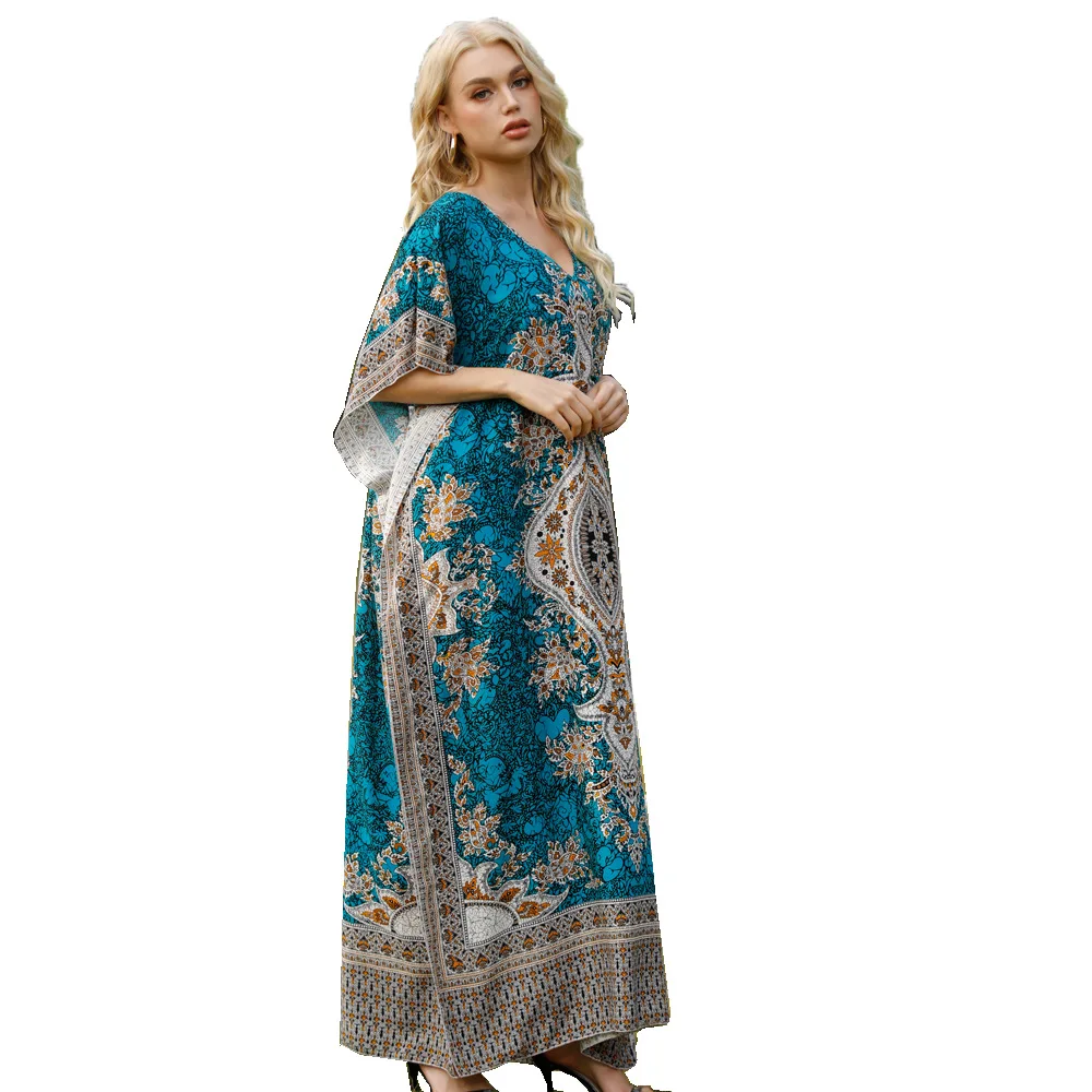 

GH-RJ007 2021 New Arrival Summer Kaftan Boho Moroccan Dress Women Muslim Middle Eastern Plus Size Loose Robe Jalabiya