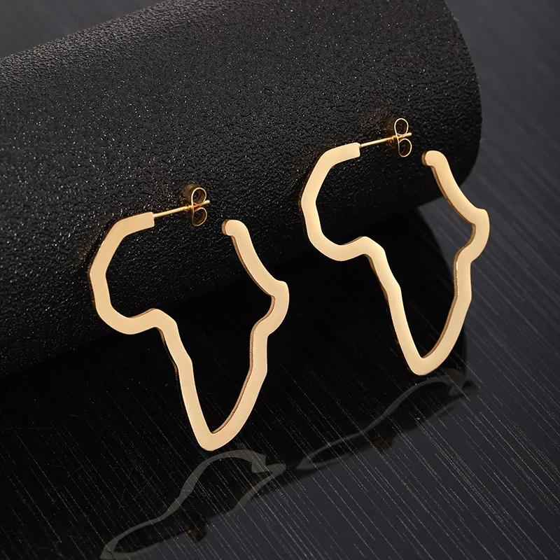 

Fashion African Map Stud Earring Gold Color Stainless steel Africa Map Earrings Ethnic Exaggerate Hip Hop Earrings (KSS354), Same as the picture
