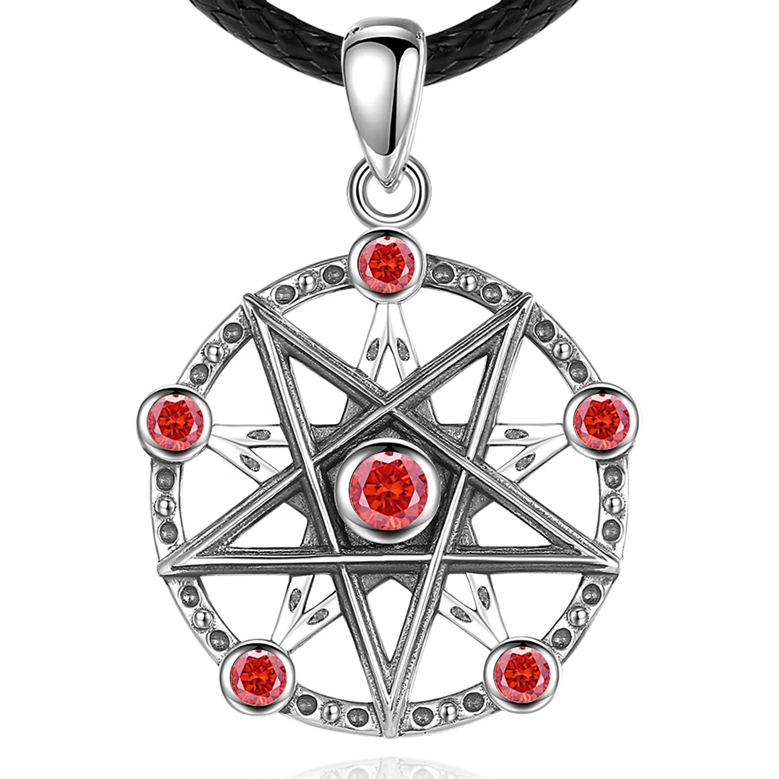 

Merryshine Men's Jewelry 925 Sterling Silver Inverted Pentagram Pendant Necklace with Red Cubic Zirconia